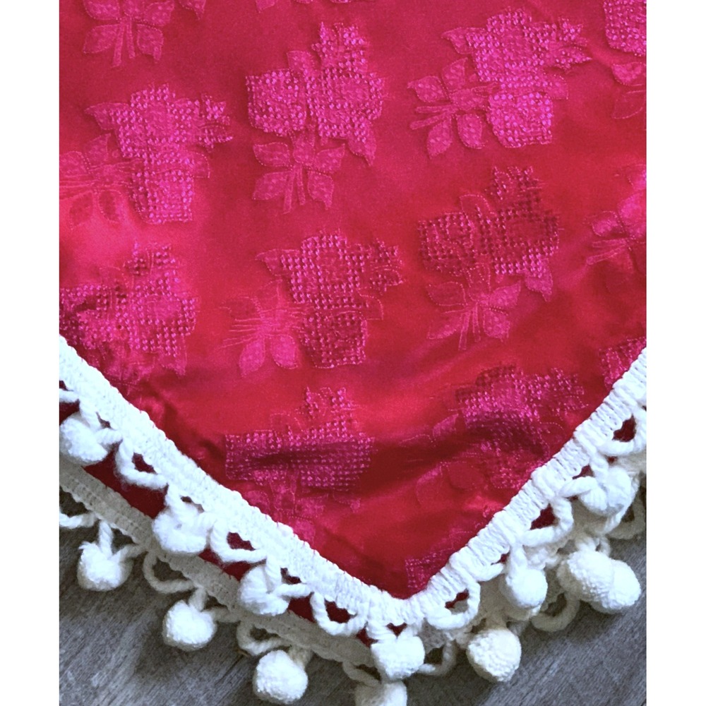 MCM Christmas Retro Kitsch Pom-Pom Ric-Rac Red, Pink Damask Tablecloth 88x60 Vtg